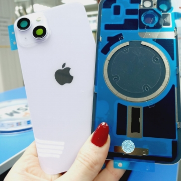 Задняя крышка корпуса iPhone 14 (стекло, логотип) (фиолетовый) со стеклом камеры,  креплением, кольцо Magsafe Оригинал